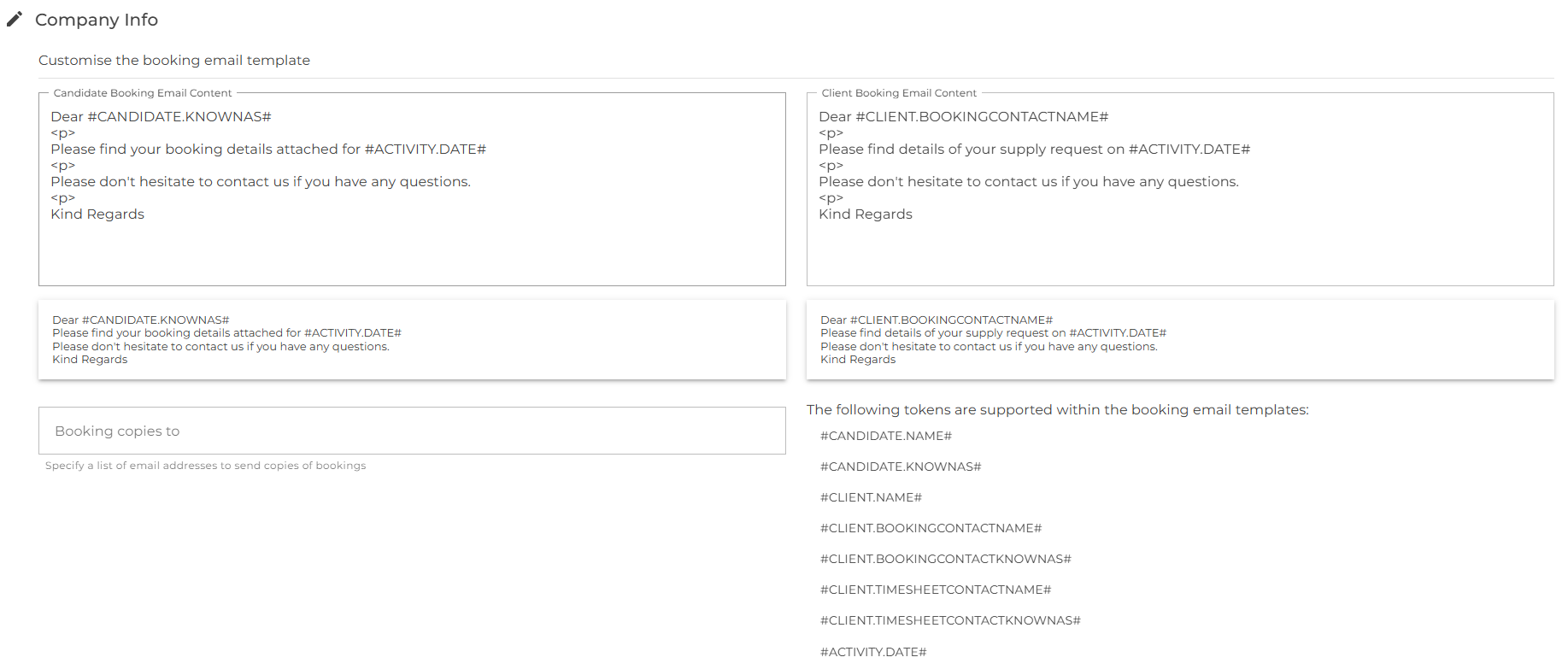 Booking email configuration