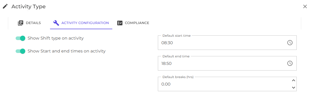 Activity Type configuration tab