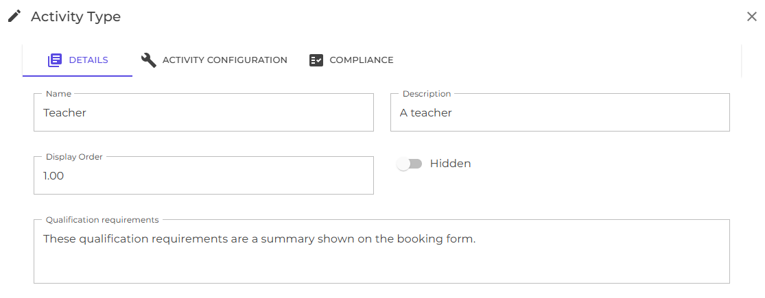 Activity Type details tab 