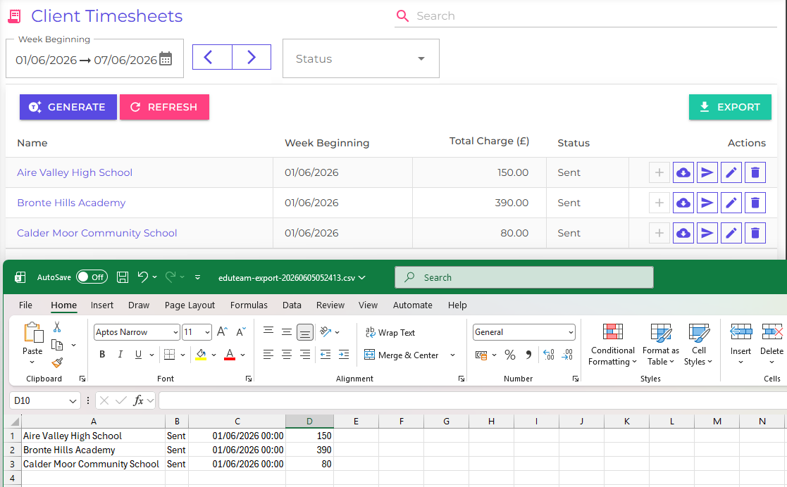 Client timesheet list in Excel
