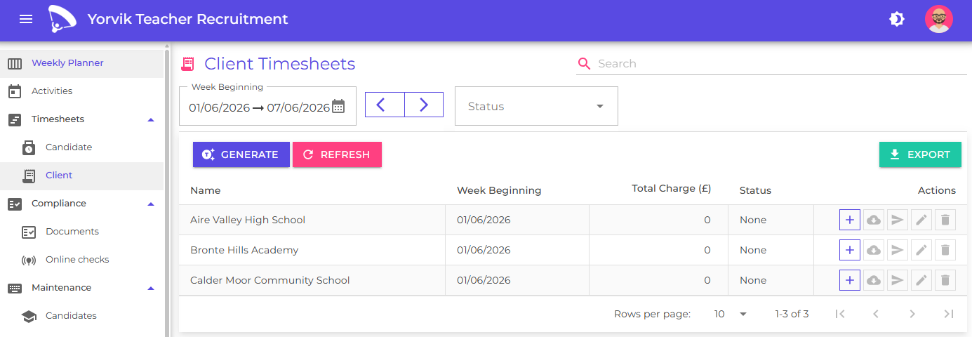 Client timesheet list