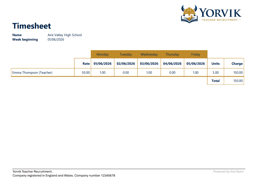 Example client timesheet