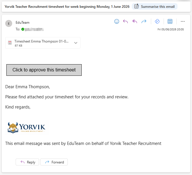 Example candidate timesheet email