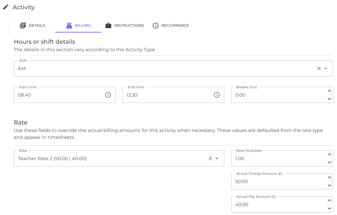 Activity billing details