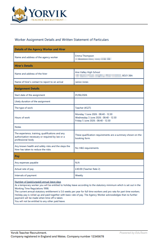 Example client booking form