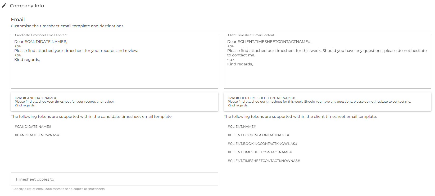 Timesheet email configuration